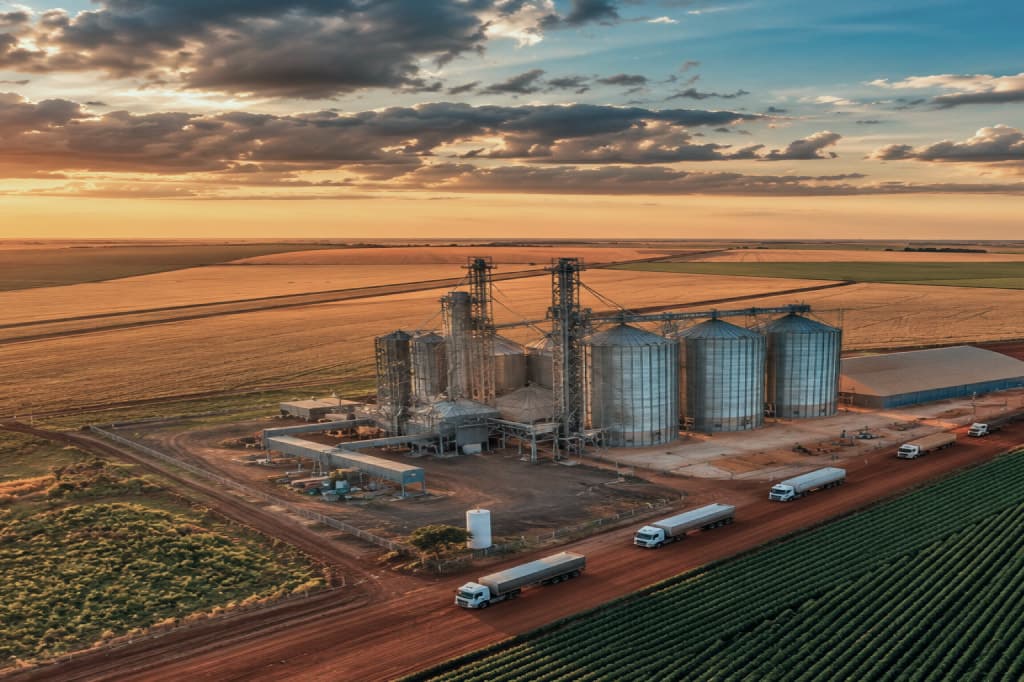Vista aérea de silos de armazenagem ao entardecer