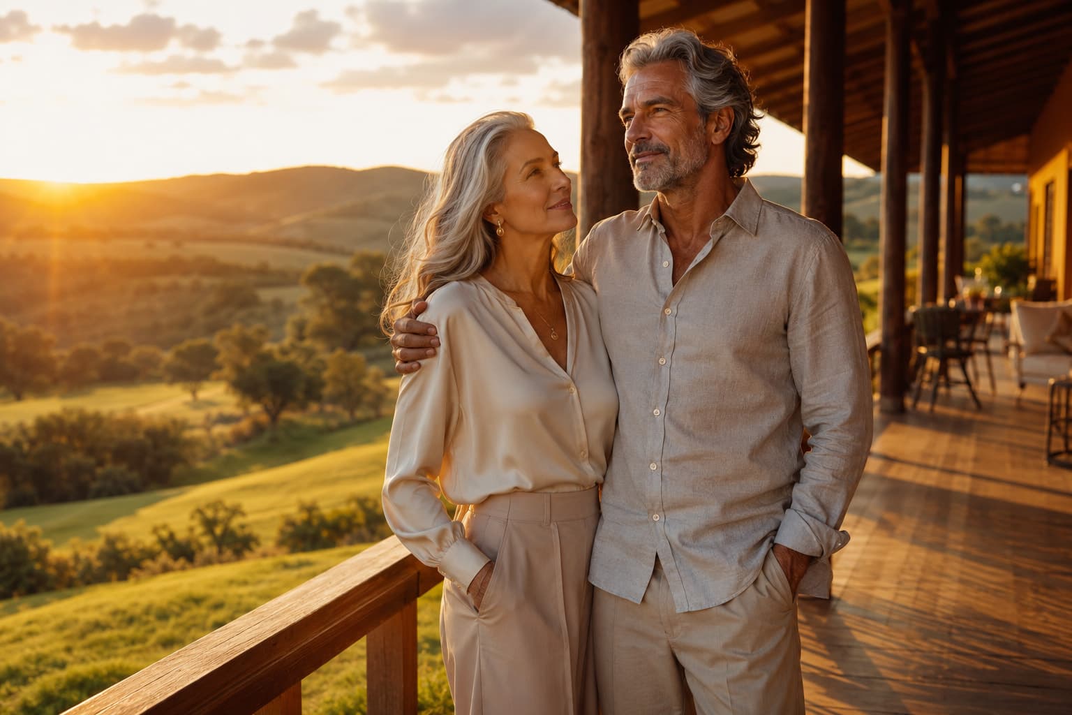 Casal ao ar livre, ao pôr do sol, numa varanda com vista para o campo