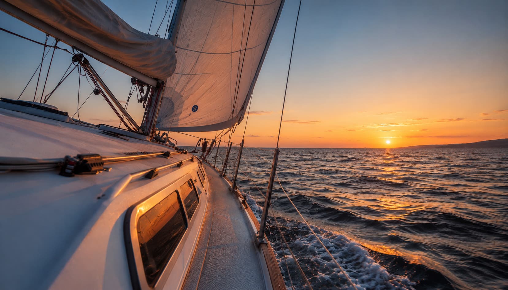 Sailing boat under way at sunset, seen from the deck