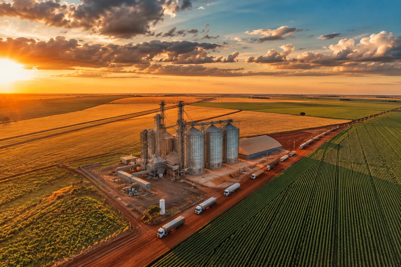 Aerial view of storage silos and farmland at dusk